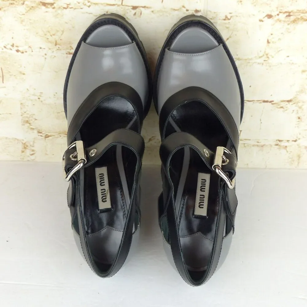 Miu Miu Fall 13 Runway Platform Heels Women 40 Gray Black Patent Mary Jane Shoes